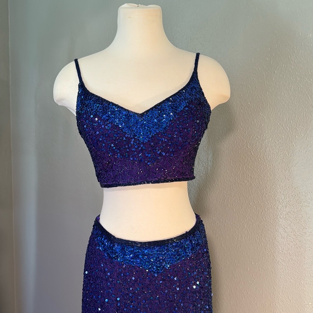 Purple with royal blue 100% silk two piece fully beaded and sequined formal gown
